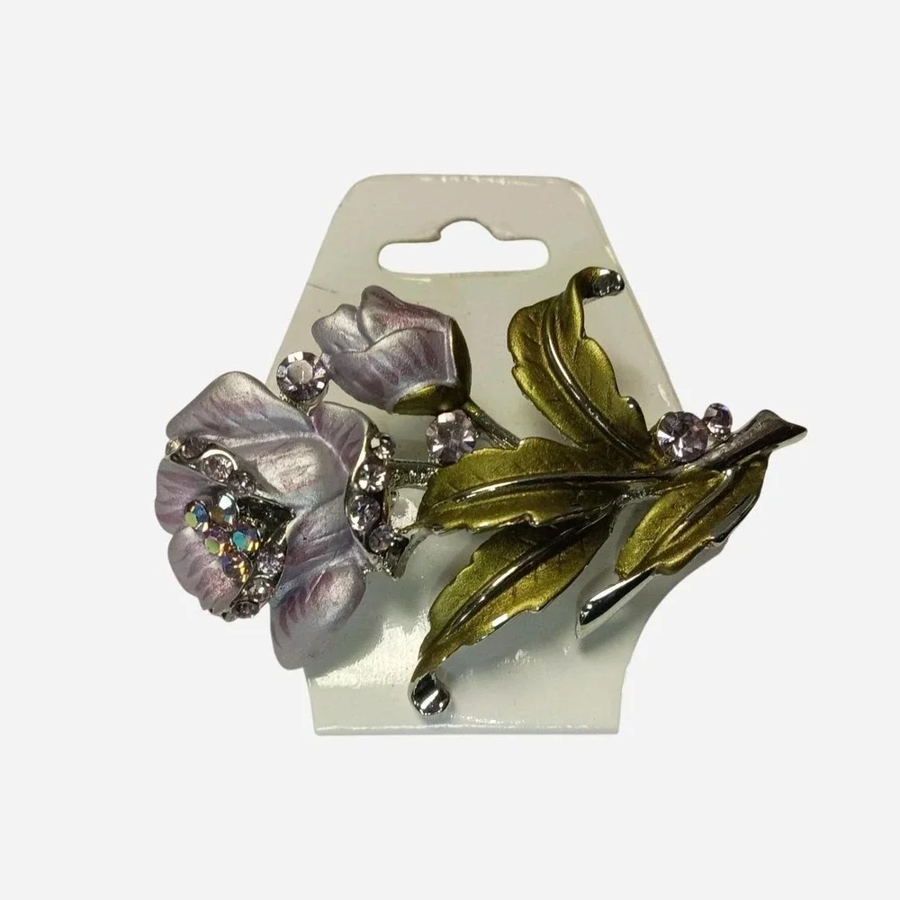Pink, Green  And Gold Floral Brooch With Rhinestone Acccents